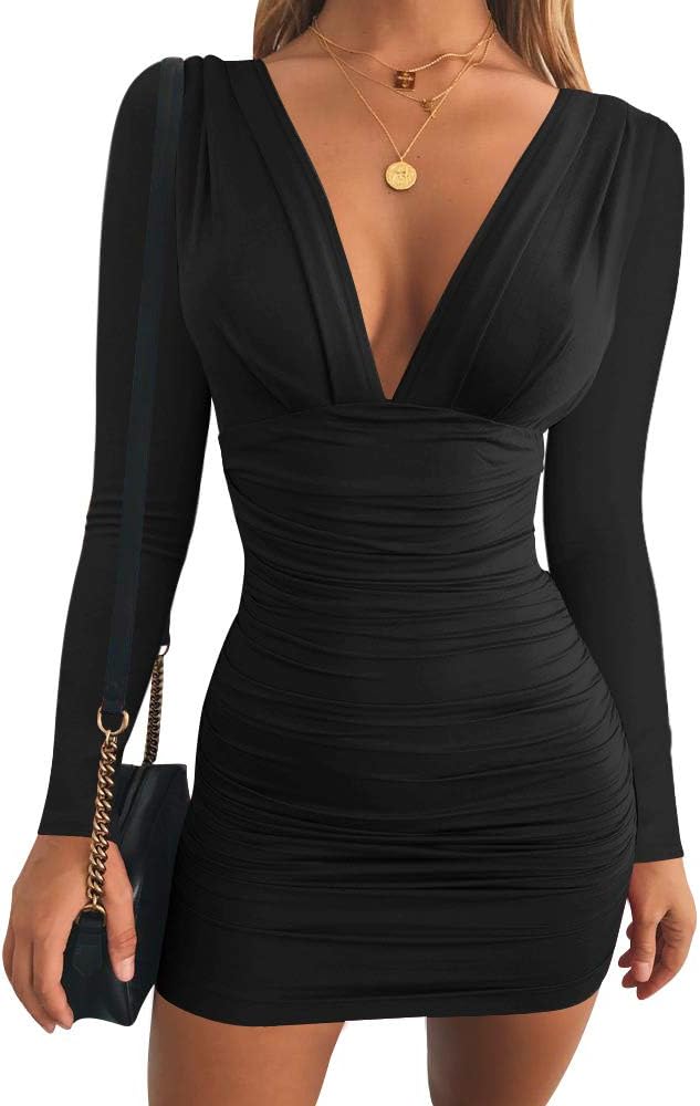 A deep V neck and fitted long sleeves balance the mini hem on this ruched black bodycon dress in stretch knit.
